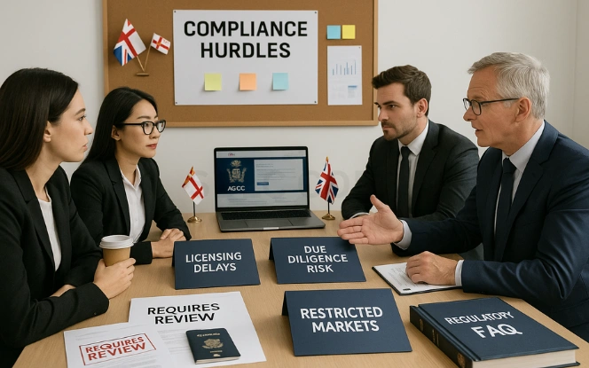 Challenges to Consider – Regulatory and Operational Risks Legal team discussing folders labeled Licensing Delays, Due Diligence Risk, and Restricted Markets with a compliance hurdles board and regulatory documents