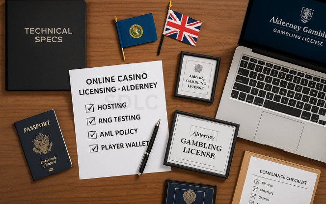 Online Casino License Alderney – Compliance Essentials Flat lay of compliance checklist for Alderney online casino license showing Hosting, RNG Testing, AML Policy, and Player Wallets with flags and certificate