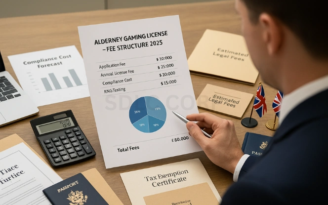 Cost of Alderney Gaming License – Fees and Financial Planning Financial planner reviewing Alderney Gaming License fee sheet with calculator, cost forecast chart, passport, and tax exemption certificate on desk