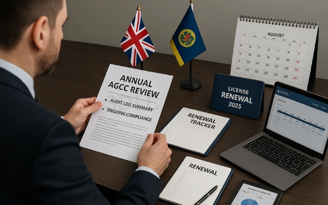 Renewal and Ongoing Obligations – Maintaining AGCC Compliance Professional reviewing Annual AGCC Review, Audit Log Summary, and Renewal Tracker with Alderney and UK flags, tablet showing timeline, and calendar on desk