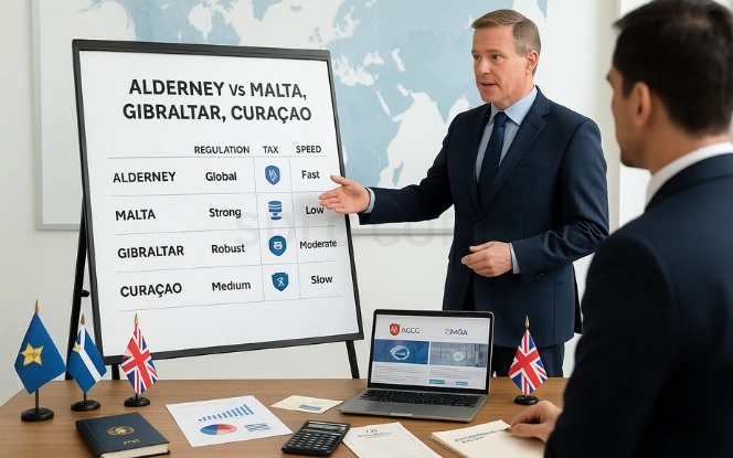 Why Choose Alderney – Jurisdiction Comparison for iGaming Operators Consultant presenting comparison board showing Alderney vs Malta, Gibraltar, and Curacao across regulation, tax, and speed with flags and charts on desk