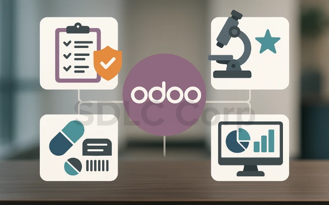 oddo-powered healthcare dashboard showing patient records, vitals, diagnostics, telehealth options.