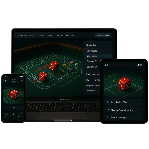 Craps simulator UI on laptop, tablet, and mobile showing dice roll, betting strategy, EV stats, and win-loss metrics