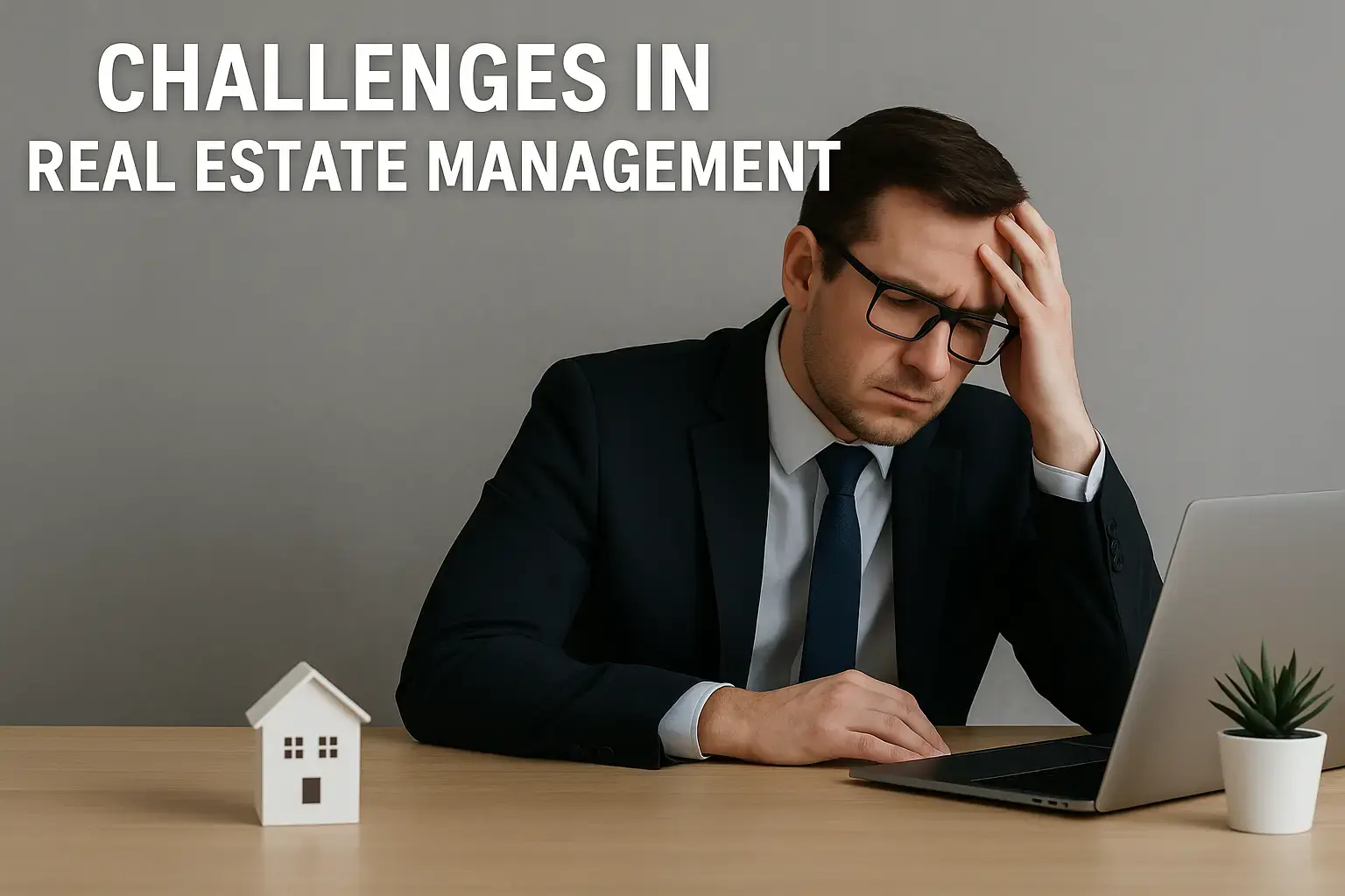 Frustrated businessman in a suit holding his head while working on a laptop, with a model house and plant on the desk, representing challenges in real estate management. Bold text reads “Challenges in Real Estate Management” on a grey background.  .