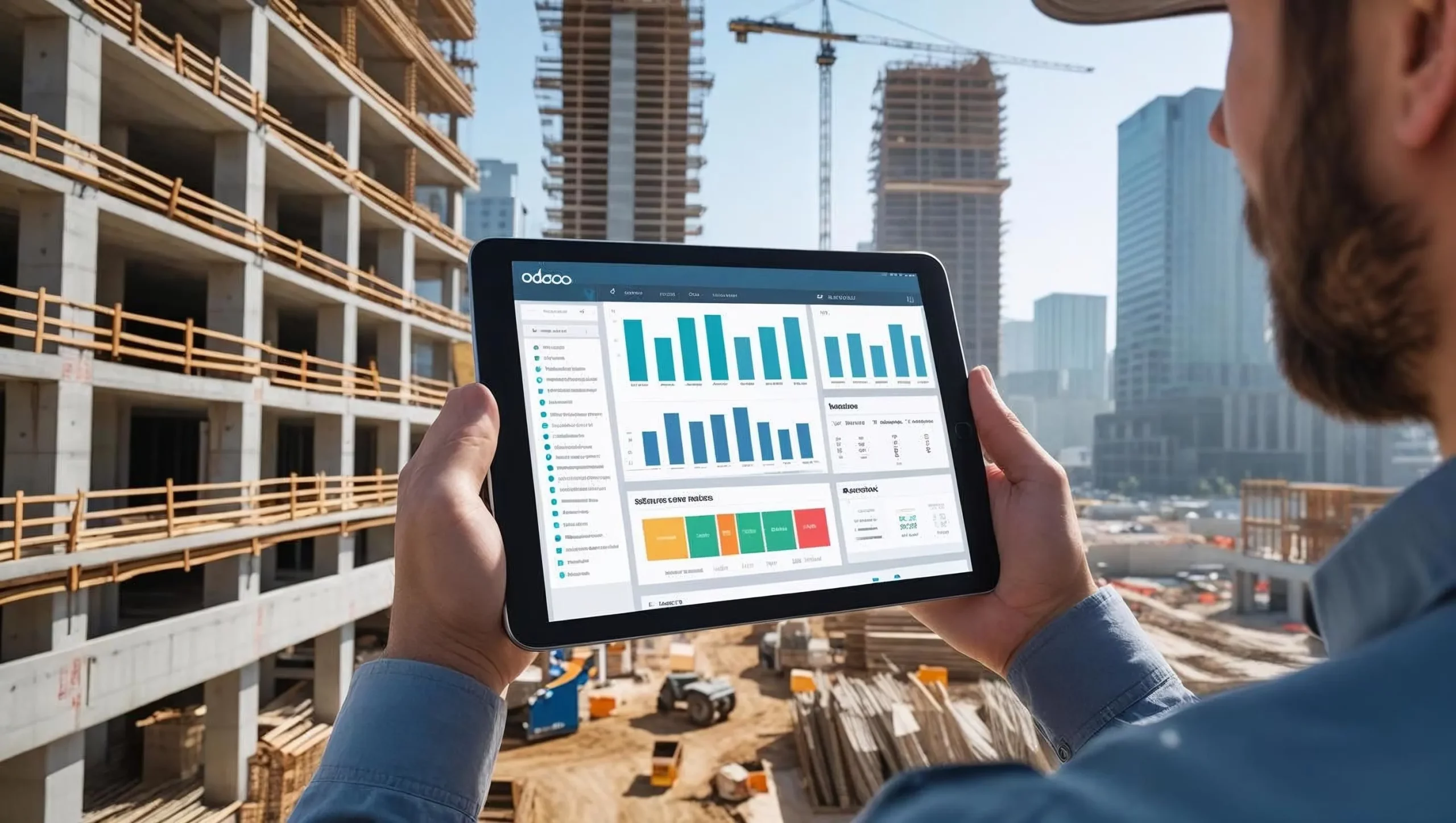 Construction site manager holding a tablet displaying Odoo ERP dashboards with charts and KPIs, standing in front of a high-rise building under construction with cranes and scaffolding in the background.