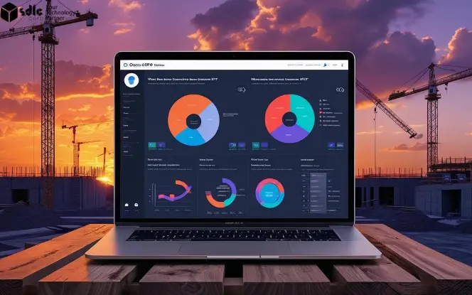 Laptop displaying futuristic Odoo ERP dashboards with colorful data visualizations, set on a wooden platform at a construction site during sunset with cranes in the background.