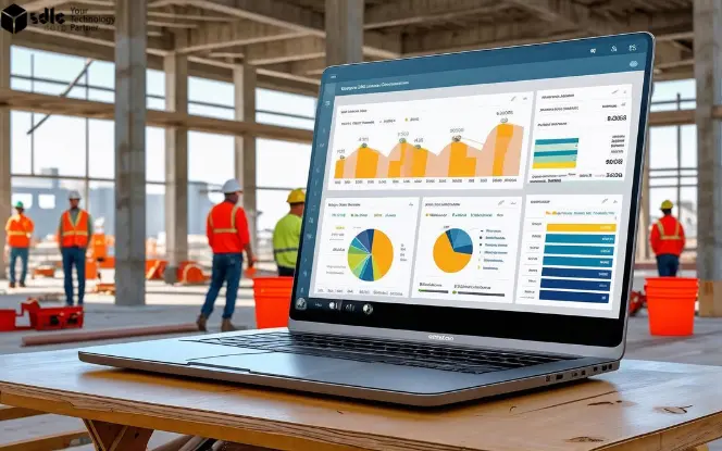 Laptop displaying Odoo ERP analytics dashboards with key construction metrics, placed on a table at an active construction site where workers in safety gear are present.