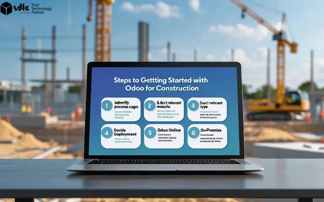 Laptop on a construction site desk displaying a 6-step guide titled “Steps to Getting Started with Odoo for Construction,” with cranes and heavy machinery in the background.
