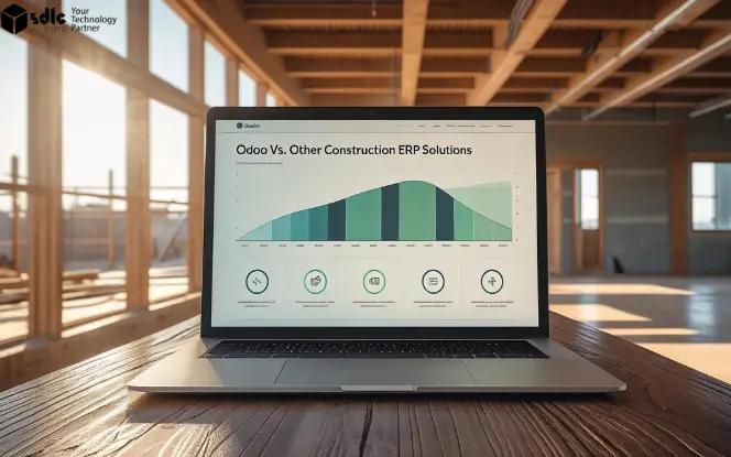 Laptop on a wooden desk inside a construction site, displaying a comparative chart titled "Odoo vs. Other Construction ERP Solutions" with icons highlighting key differentiators.