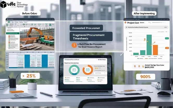 Comparison graphic showing project dashboards before and after implementing Odoo ERP in a construction firm, highlighting procurement inefficiencies and post-implementation savings.