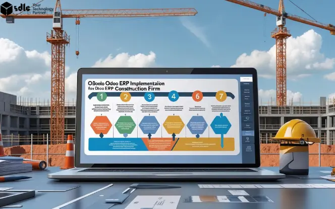 Laptop on a construction site desk displaying a step-by-step roadmap for implementing Odoo ERP in a construction firm, with cranes and building structures in the background.