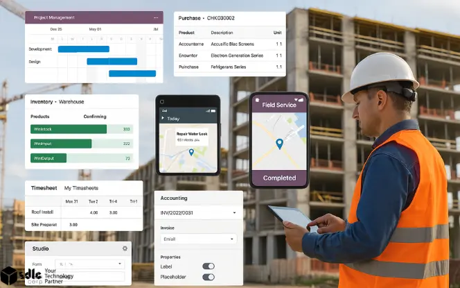 Construction worker using a tablet on-site, overlaid with Odoo ERP interface modules for project management, field service, inventory, purchase, timesheets, accounting, and customization.