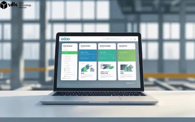 Laptop on a white desk displaying the Odoo ERP dashboard interface, showing modules for construction management inside a modern industrial workspace.