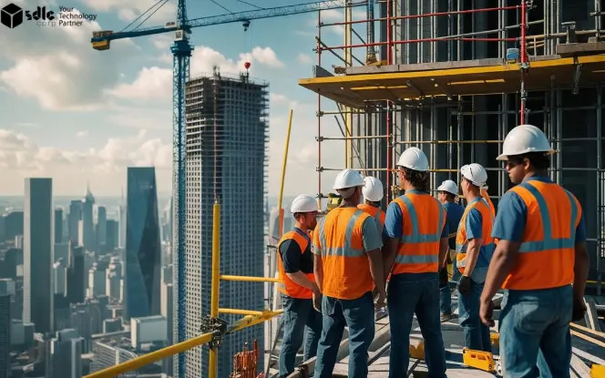 Construction workers in safety vests and helmets gathered on a high-rise building under construction, overlooking a city skyline with cranes and skyscrapers.