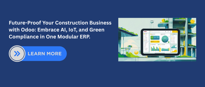 Digital illustration of a tablet displaying Odoo ERP dashboards, set against a futuristic eco-friendly construction building—highlighting AI, IoT, and sustainability features.