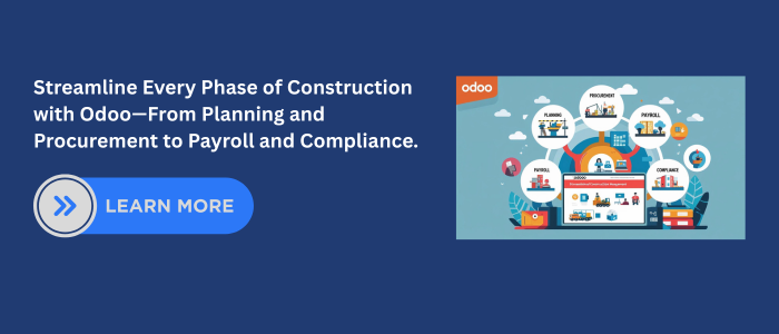 Illustration of Odoo ERP streamlining construction phases—planning, procurement, payroll, and compliance—with icons and dashboard interface on a blue background.