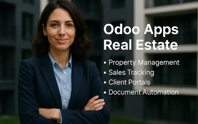 Professional woman in a navy blazer standing confidently in front of modern apartment buildings with overlay text showcasing Odoo Real Estate features: Property Management, Sales Tracking, Client Portals, and Document Automation  .