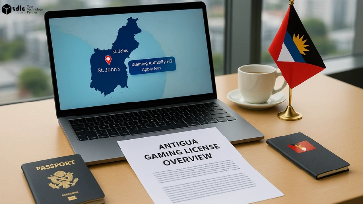 Modern office desk with a laptop displaying a map of Antigua and Barbuda marked 'iGaming Hub', alongside an Antigua Gaming License Overview document, passport, national flag, and coffee cup with a blurred Caribbean skyline in the background.