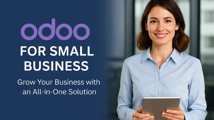 Smiling woman in a light blue shirt holding a tablet, standing next to a banner that reads "Odoo for Small Business – Grow Your Business with an All-in-One Solution"
