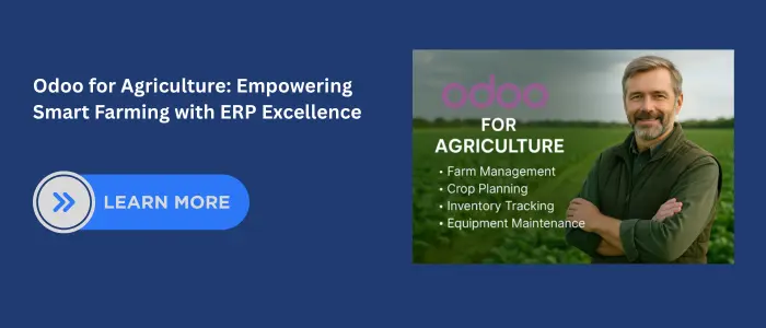 Confident male farmer in a green vest standing in a lush crop field, smiling at the camera with Odoo for Agriculture promotional text highlighting Farm Management, Crop Planning, Inventory Tracking, and Equipment Maintenance