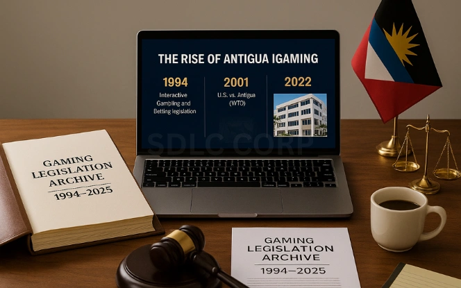 A Snapshot of Antigua and Barbuda’s iGaming Legacy A wooden desk with a binder titled Gaming Legislation Archive, legal symbols, and a laptop showing The Rise of Antigua iGaming timeline beside the national flag.
