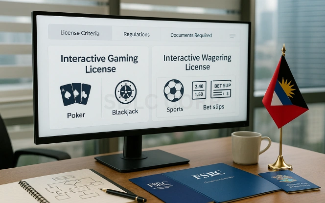 Types of Gaming Licenses in Antigua and Barbuda Dual-monitor setup showing comparison of Interactive Gaming License and Interactive Wagering License with icons like poker chips, roulette, and sports betting graphics, accompanied by FSRC brochures and a national flag on the desk.