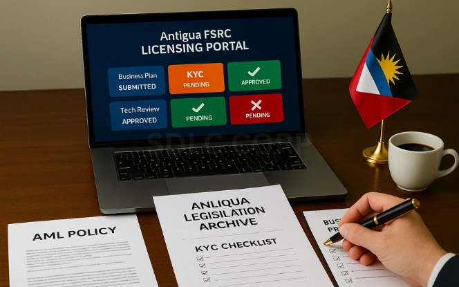 Antigua and Barbuda Gaming License Requirements Executive desk with printed documents labeled AML Policy, KYC Checklist, Technical Infrastructure Overview, and Business Profile. A laptop screen displays the FSRC Licensing Portal with status indicators, and the Antigua and Barbuda flag stands beside it.