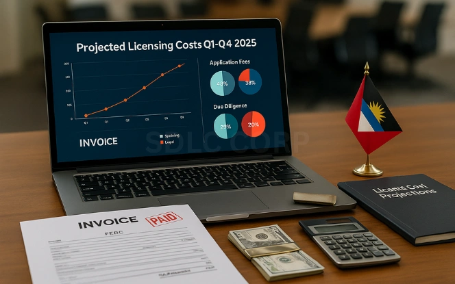 Cost of Antigua and Barbuda iGaming License Financial analyst’s desk with a laptop showing a graph labeled Projected Licensing Costs Q1–Q4 2025 and pie charts for Application Fees, Due Diligence, and Legal. Nearby are an FSRC-stamped invoice, a calculator, a financial folder, and a money clip.