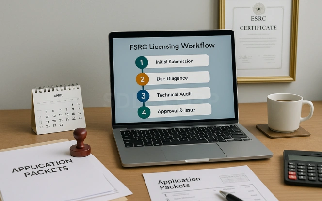 Antigua Gaming Commission FSRC License Process Modern government office desk with a laptop displaying a vertical flowchart titled FSRC Licensing Workflow. Steps include Initial Submission, Due Diligence, Technical Audit, and Approval & Issue. Surrounding items include application packets, an official stamp, a marked calendar, and a framed FSRC certificate.