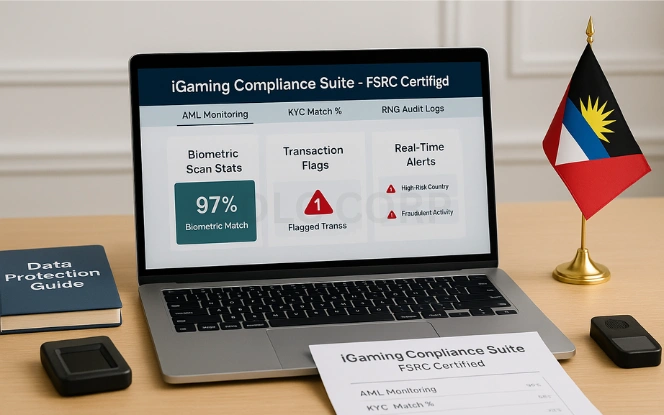 Regulatory Compliance: AML, KYC, and Fair Gaming Compliance workstation with a laptop running the FSRC-certified iGaming Compliance Suite. The screen shows tabs for AML Monitoring, KYC Match Percentage, and RNG Audit Logs. Surrounding the laptop are a fingerprint scanner, a data protection guidebook, and the national flag of Antigua and Barbuda.