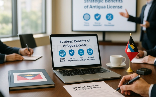 Advantages of Antigua and Barbuda Online Gambling License High-end boardroom presentation with a laptop screen showing Strategic Benefits of Antigua License, including icons for global reach, tax benefits, and regulatory trust. Attendees take notes while a speaker gestures toward the screen. National branding elements are placed on the desk.