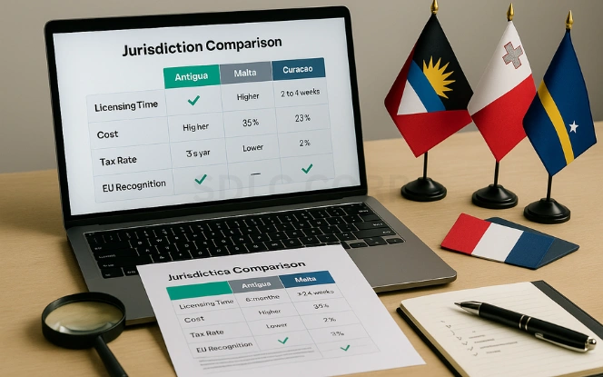 Comparing Antigua with Other Gaming Jurisdictions Consultant’s desk with a laptop displaying a comparison table titled Jurisdiction Comparison: Antigua vs Malta vs Curacao, highlighting differences in licensing time, cost, tax rate, and EU recognition. The Antigua column features green check marks. Miniature flags and printed charts are spread across the desk.
