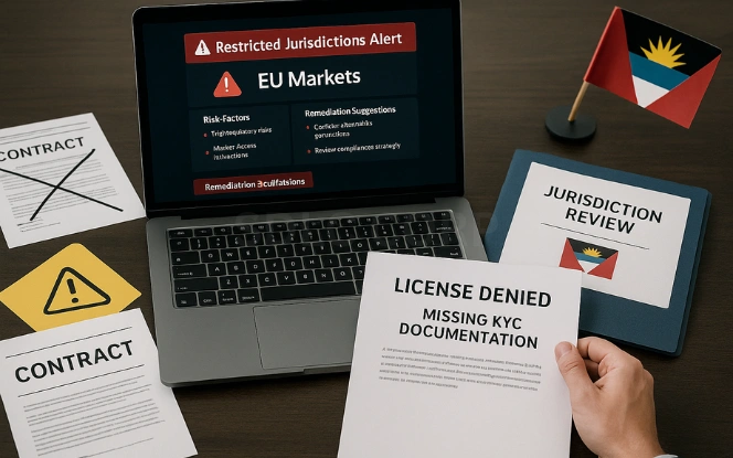 Potential Challenges to Consider Legal advisor’s desk with a laptop screen displaying Restricted Jurisdictions Alert – EU Markets, showing risk factors and remediation suggestions. A frustrated applicant holds a document titled License Denied – Missing KYC Documentation. Crossed-out contracts and a folder labeled Jurisdiction Review – Antigua are also present.