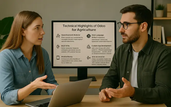 Male and female professionals discussing Odoo ERP features for agriculture in an office, with a screen displaying technical highlights like open-source, APIs, and AI tools  Ask ChatGPT  .  .