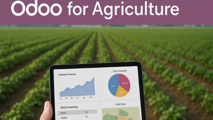 **Alt Text:**
`A tablet displaying agricultural analytics including harvest forecast, stock inventory, task analysis, and a field map, held by a person in front of a vast green crop field with the text 