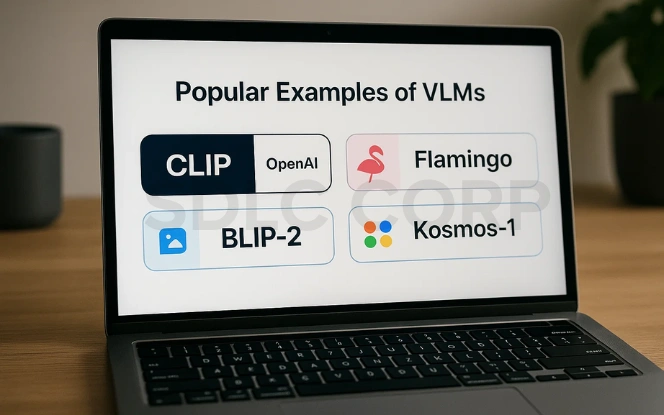 Laptop showing popular Vision-Language Models: CLIP, Flamingo, BLIP-2, and Kosmos-1.