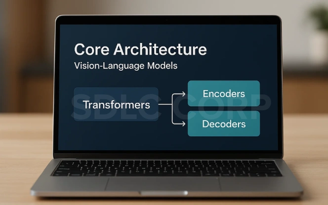 Laptop screen showing core architecture of Vision-Language Models with transformers, encoders, and decoders.