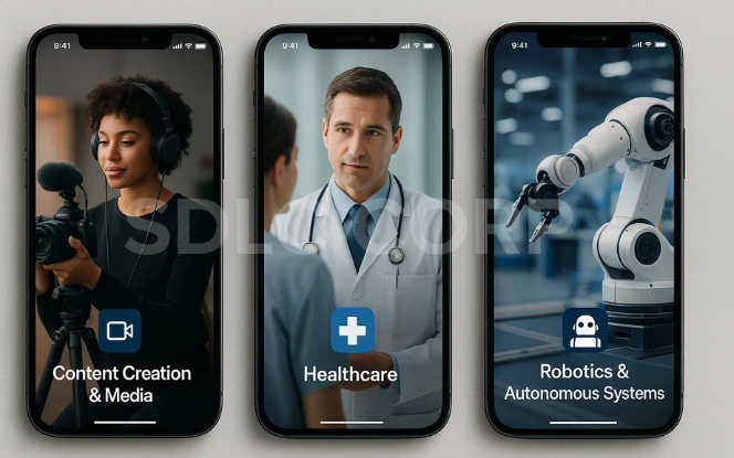 Three smartphones displaying Vision-Language Model applications: content creation and media, healthcare, and robotics & autonomous systems.