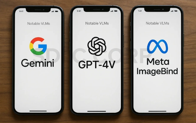 Three smartphones displaying top Vision-Language Models in 2025: Google Gemini, OpenAI GPT-4V, and Meta ImageBind.