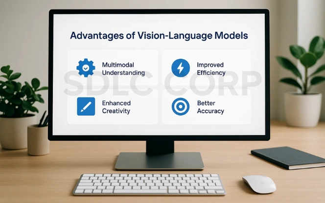 Three smartphones displaying Vision-Language Model applications: content creation and media, healthcare, and robotics & autonomous systems.