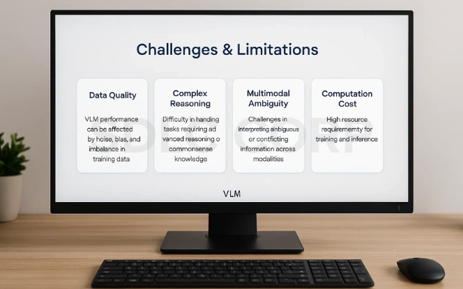 Monitor displaying challenges and limitations of Vision-Language Models: data quality, complex reasoning, multimodal ambiguity, and computation cost.