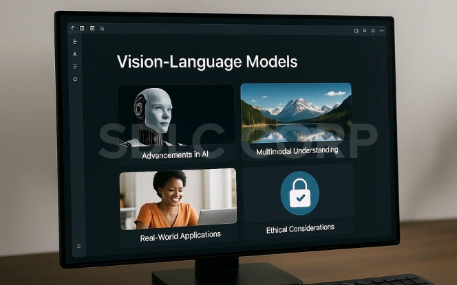 Monitor showing future aspects of Vision-Language Models: AI advancements, multimodal understanding, real-world applications, and ethical considerations.