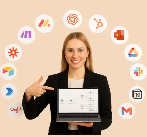 Professional woman showcasing workflow automation software on laptop surrounded by app integration icons like Slack, Airtable, Notion, and Google Drive