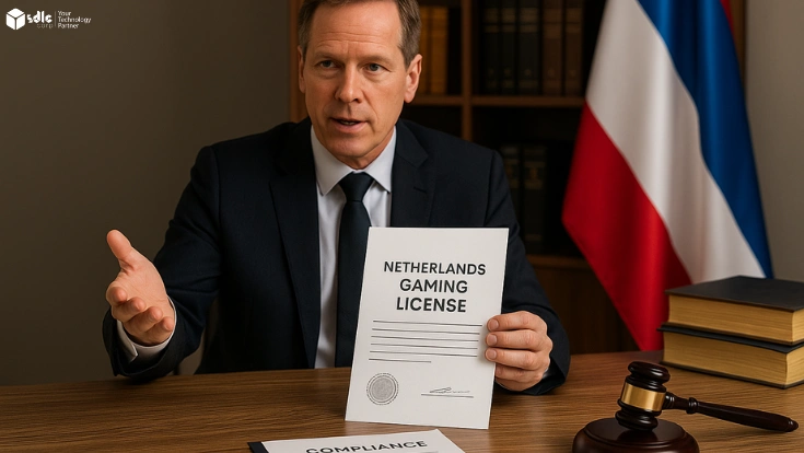 Business consultant presenting a Netherlands Gaming License document on a desk with Dutch flag, compliance checklist, gavel, and legal books in a professional office setting.