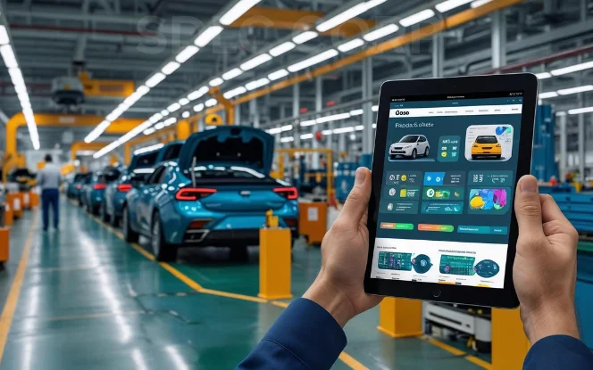 Hands holding a tablet displaying analytics in front of an automotive production line with electric vehicles