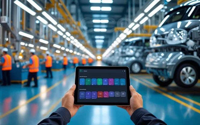 Technician holding a tablet in a modern automotive assembly plant with vehicles and workers in the background
