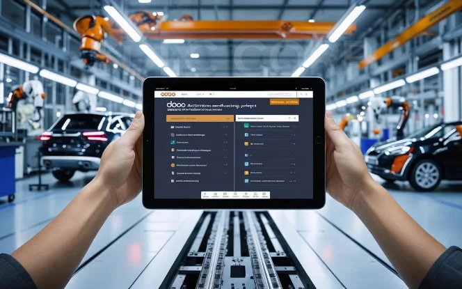 Odoo ERP interface on tablet in front of smart factory floor