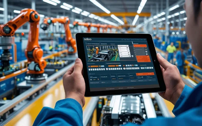 Tablet displaying manufacturing system dashboard on active car line
