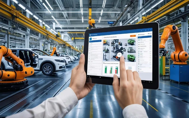Engineer interacting with car assembly dashboard in digital factory