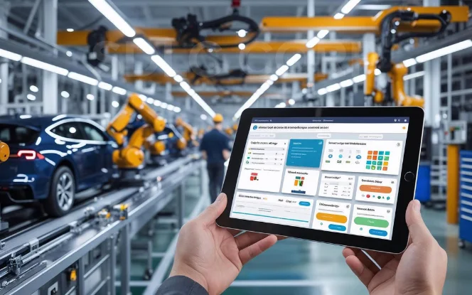 Hands holding tablet displaying performance data in car production line